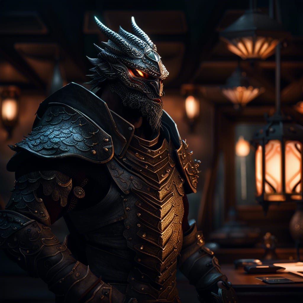 Epic Dragonborn Warrior in Lantern-Lit Office