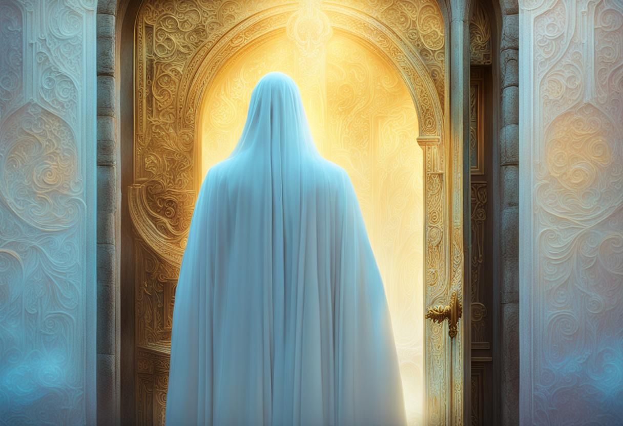 Ethereal Figure at Mystical Doorway in Fantasy Art