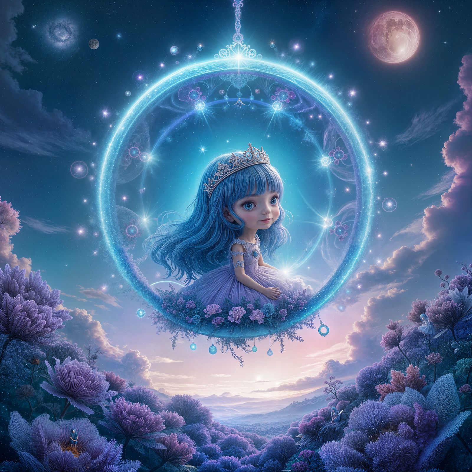 Chibi Character in Cosmic Scene with Aquatic Patterns