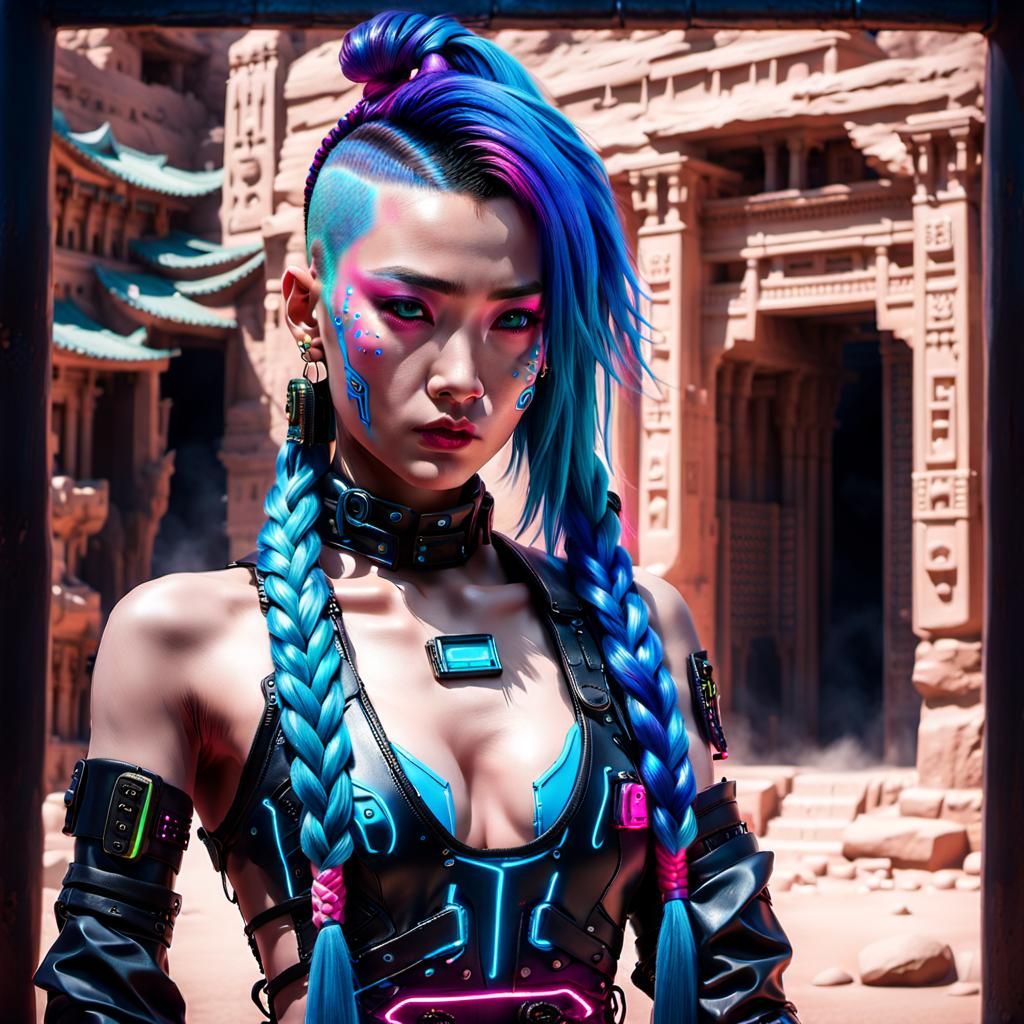 Cyberpunk Asian Woman with Braided Mohawk Hairstyle