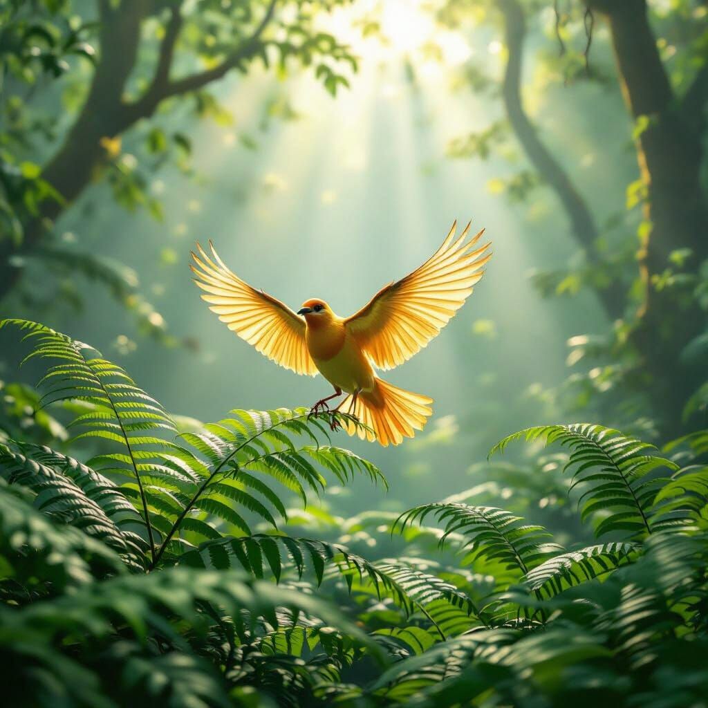 Golden Bird Soaring Through Misty Forest