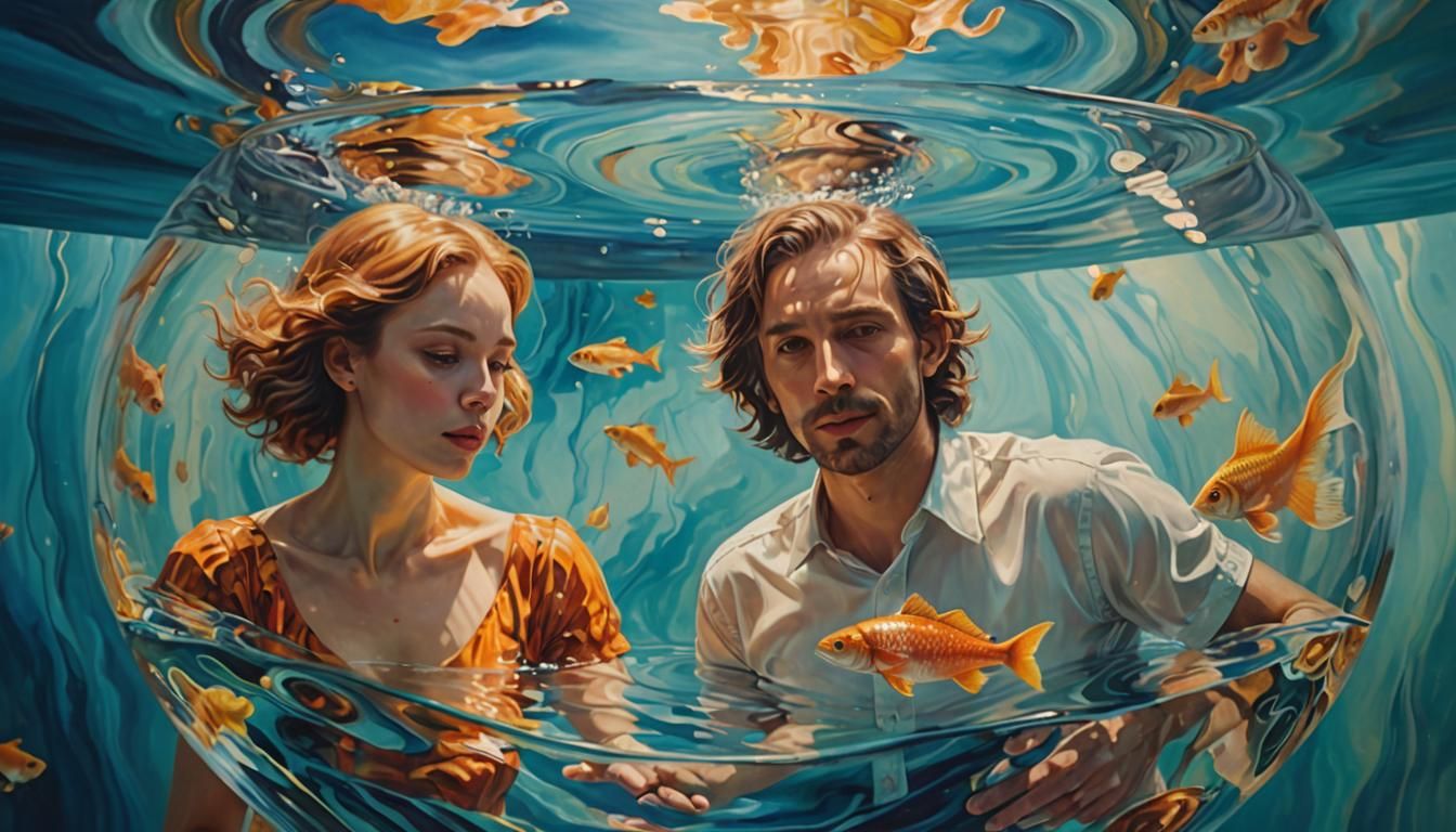 Surreal Fishbowl Dreamscape: A Vibrant Oil Painting