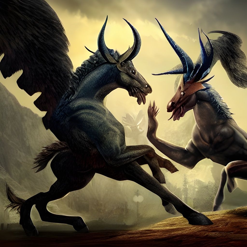 Mythical Creatures Battle: A Detailed Matte Painting