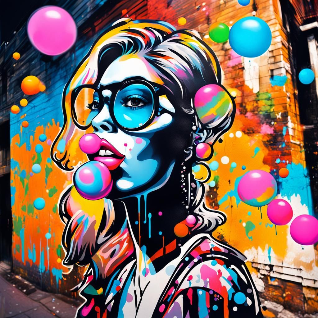 Vibrant Woman Blowing Gum: Graffiti Street Art
