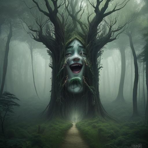 Trees with Laughing Faces in Forest, Digital Painting