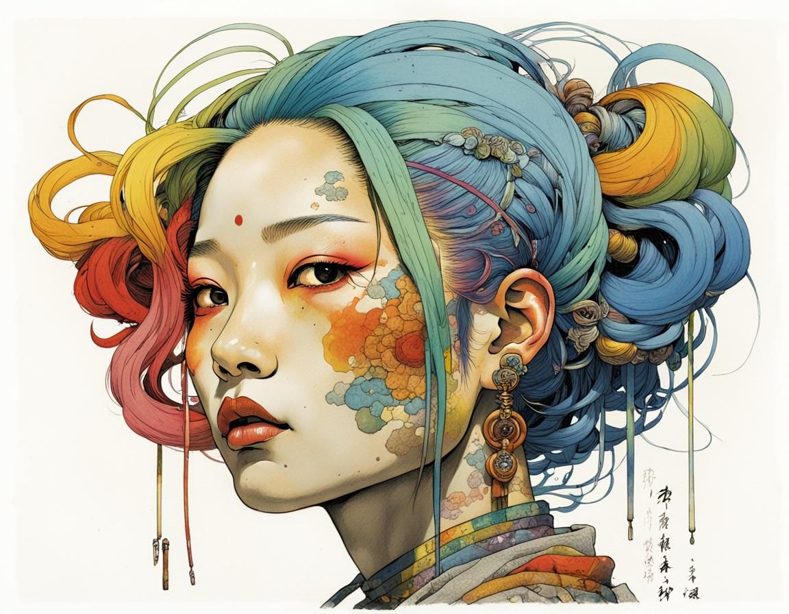 Rainbow Haired Woman in Graphic Novel Style