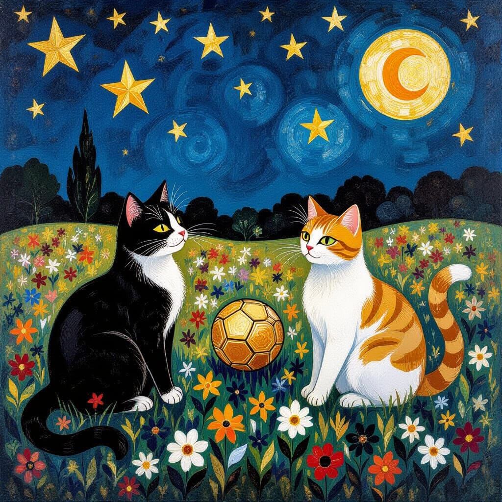Cats Play Football in Klimt-Inspired Night Garden