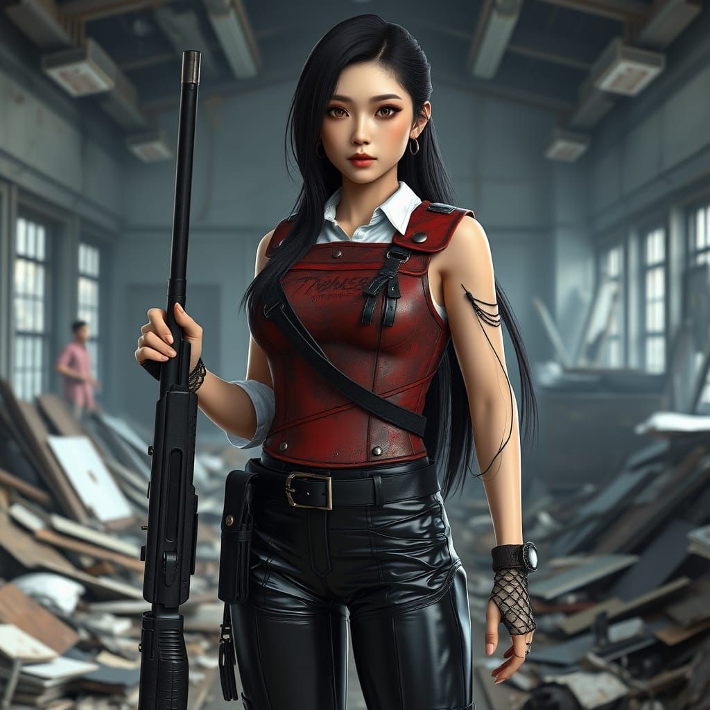 Strong Chinese Warrior in Battle-Damaged Armor