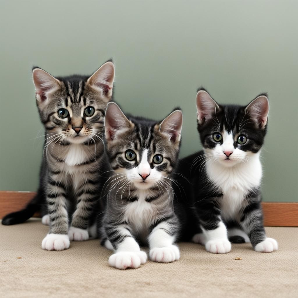 Playful Trio: Black, Tabby, and White-Marked Kittens