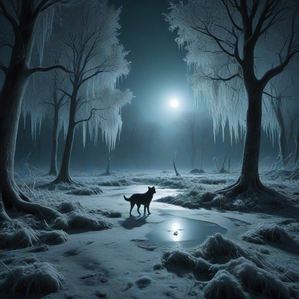 Ethereal Winter Opera: One-Legged Canines in Icy Dreamscape