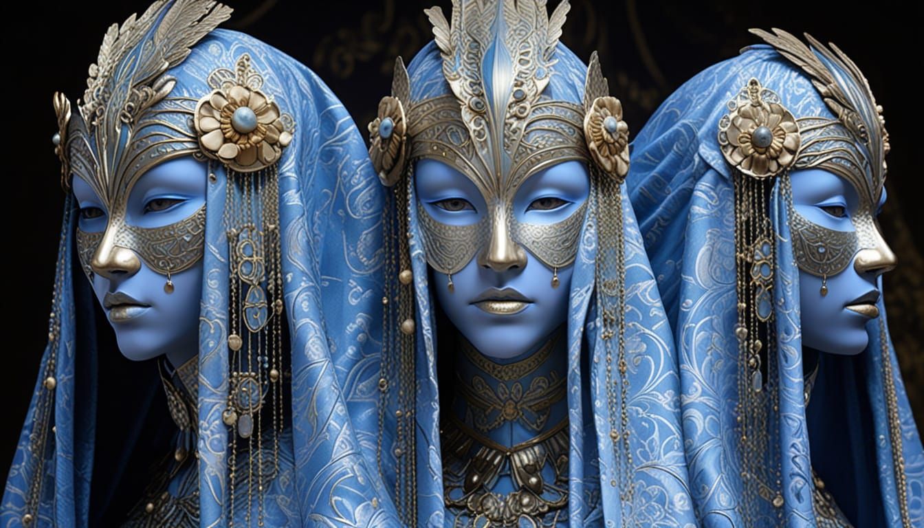 Three Identical Figures in Fantastical Sculptural Costumes