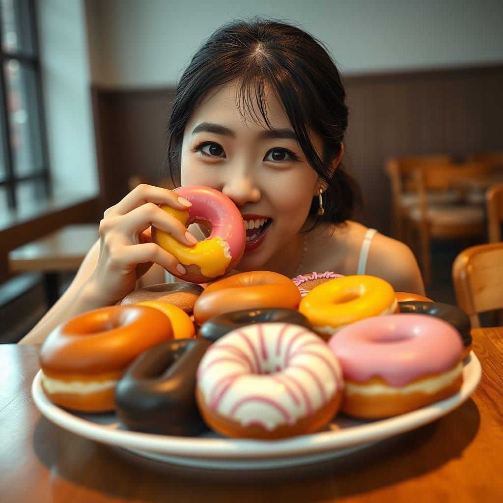 Woman Enjoys Donuts in a Cafe: Detailed Matte Painting