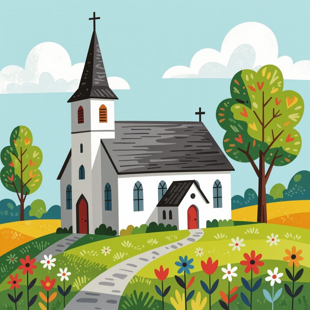 Lowry Inspired Artwork of a Small Village Church