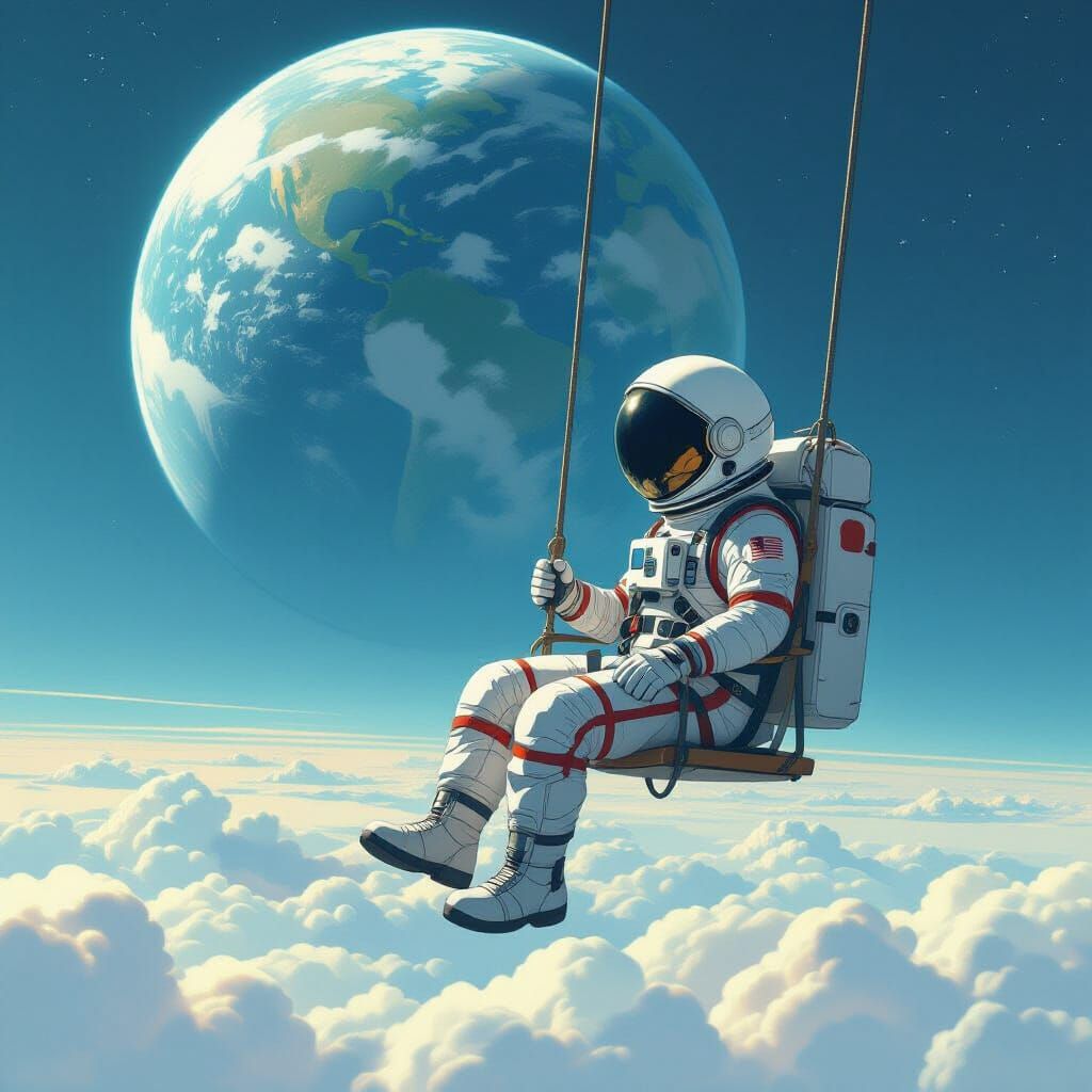 Astronaut's Stratospheric Swing: Dreamlike Space Art
