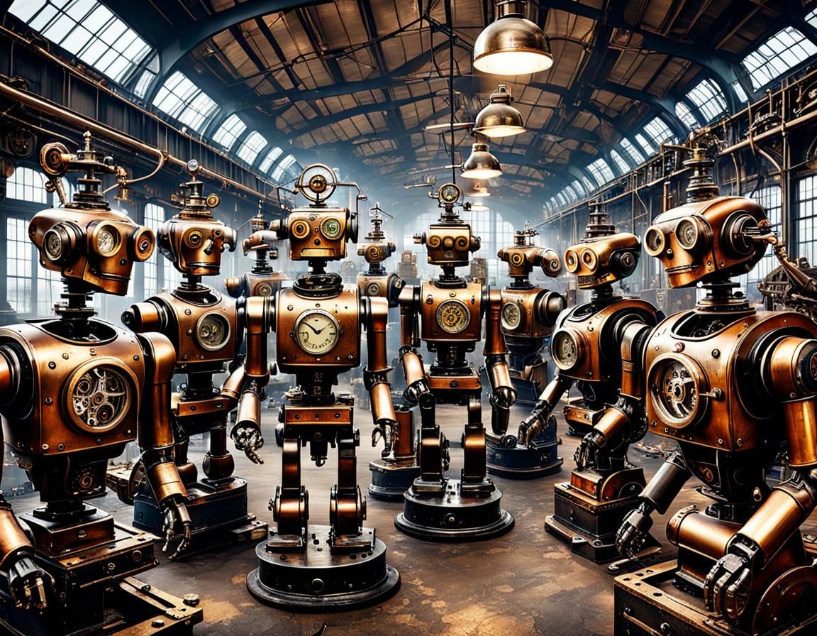 Clockwork Robots Malfunction in Steampunk Factory