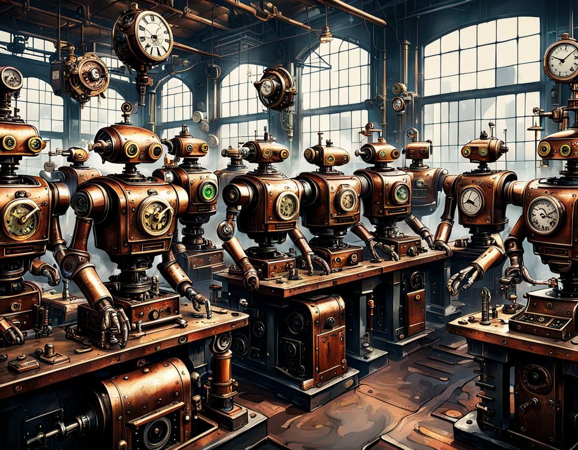 Clockwork Robots Malfunction in Steampunk Factory