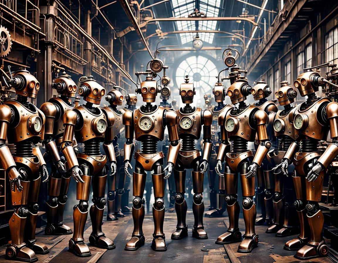 Clockwork Robots Malfunction in Steampunk Factory Chaos