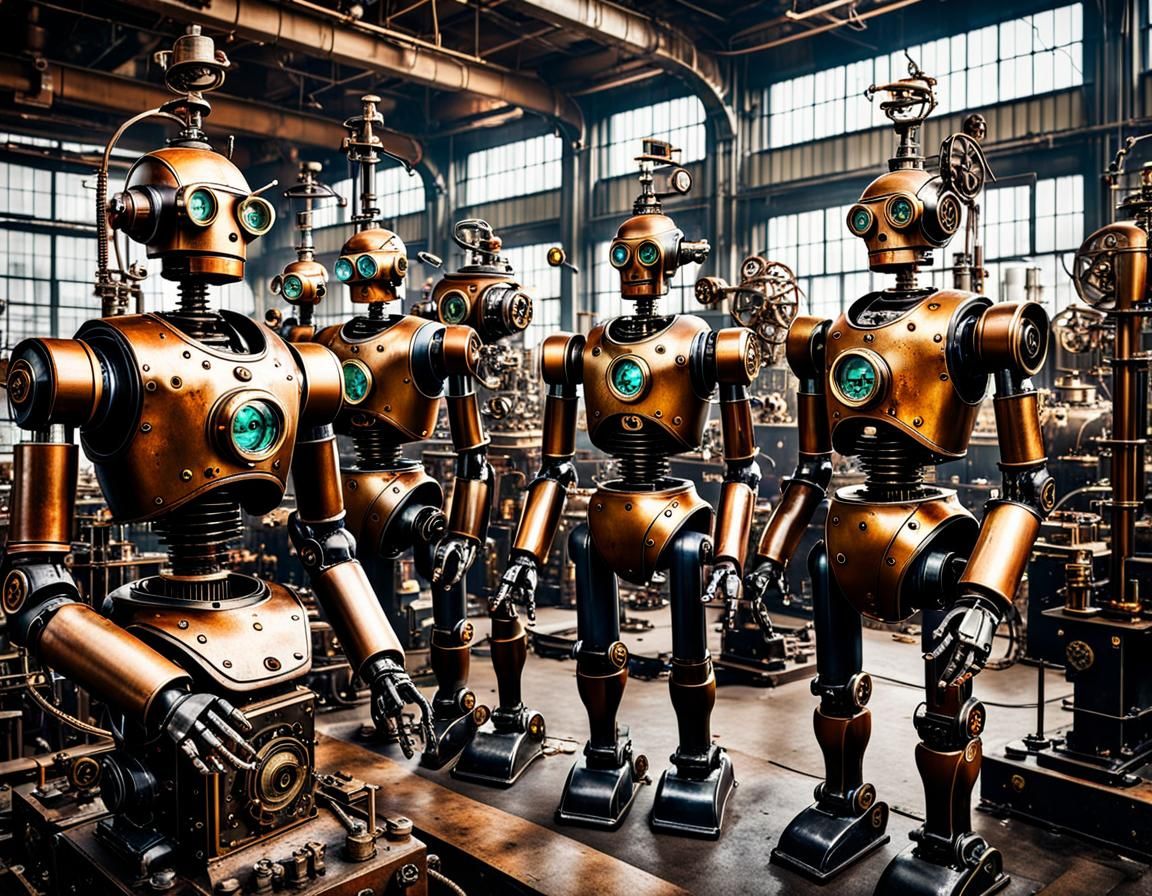 Steampunk Factory Malfunction: Clockwork Robots in Chaos