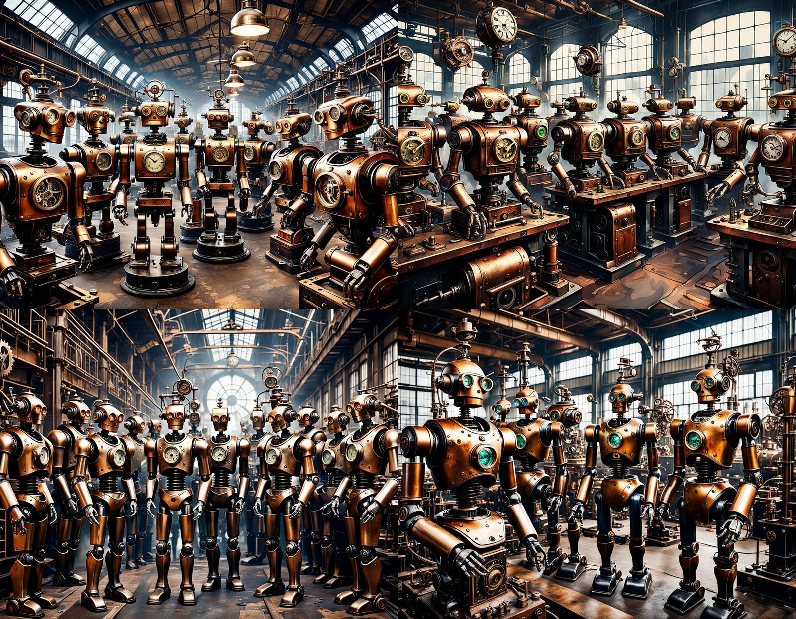 Clockwork Robots Malfunction in Steampunk Factory Chaos