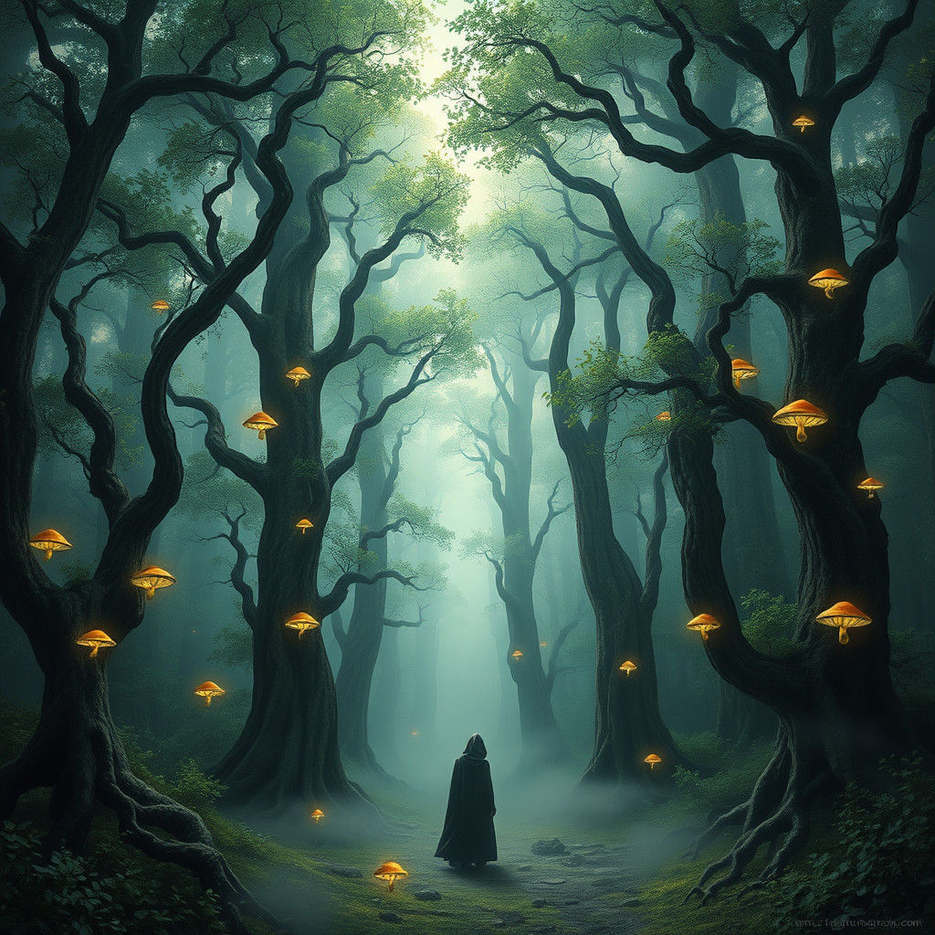 Mystical Forest Shadow Figure in Ethereal Light