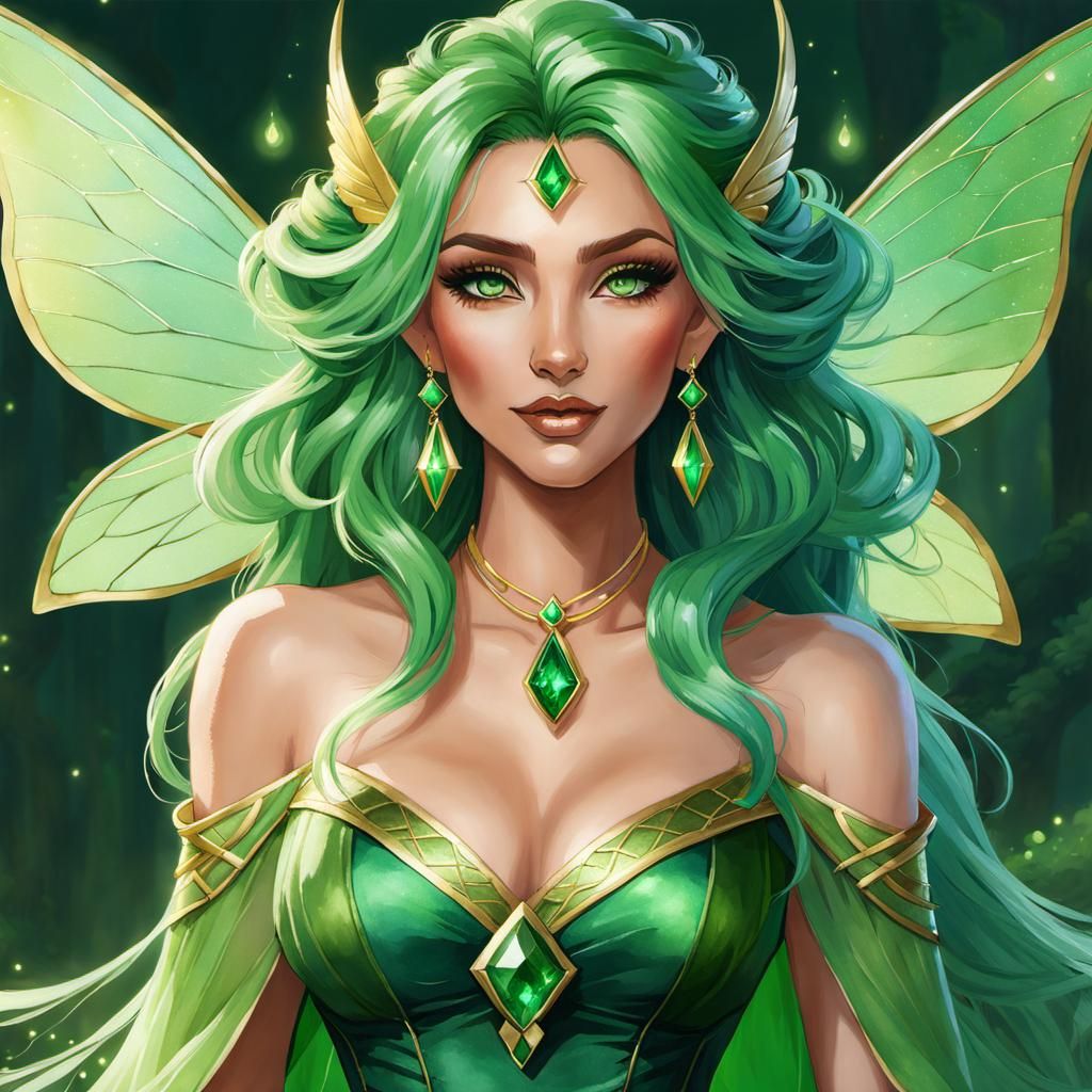Beautiful Green Fairy Portrait in Watercolor Style
