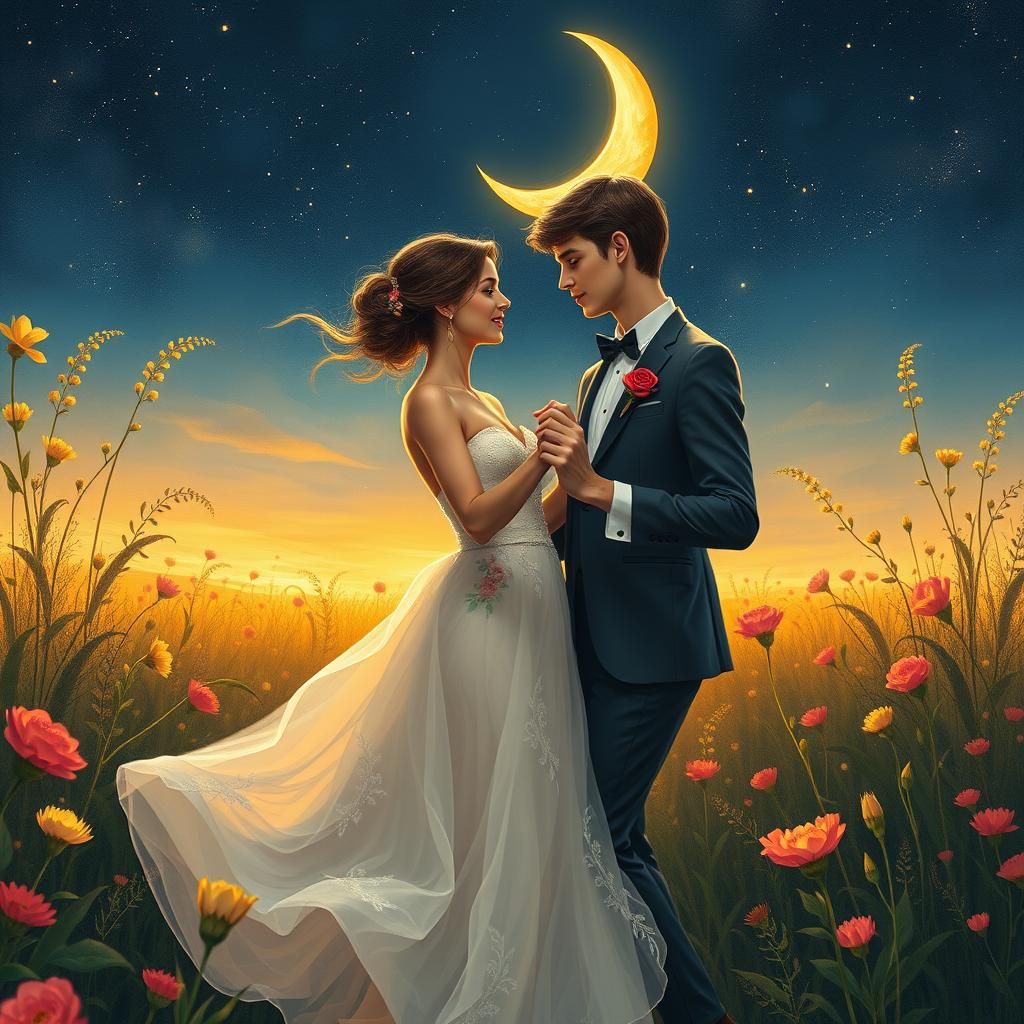 Romantic Couple Dancing in Flower Meadow, Golden Hour