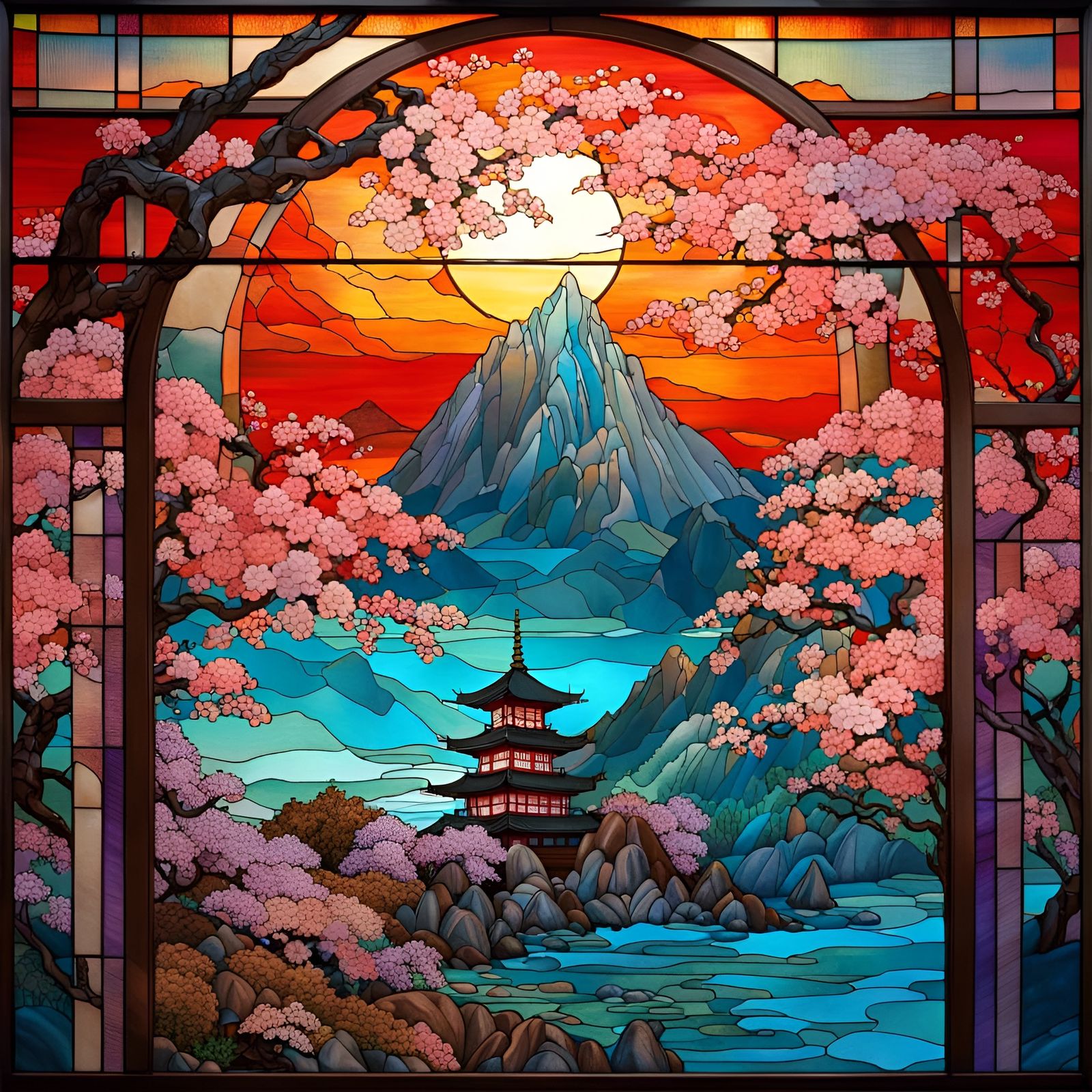 Japanese Stained Glass Fantasy Landscape by Gonzalez