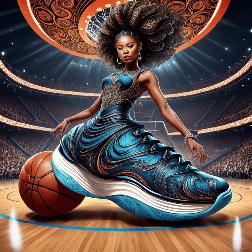 Elegant Woman Slam Dunks in Murakami-Inspired Style