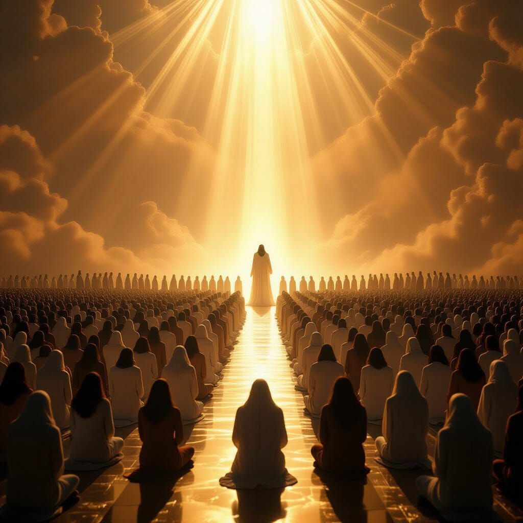 Humanity Worships Divine Light in Heavenly Expanse