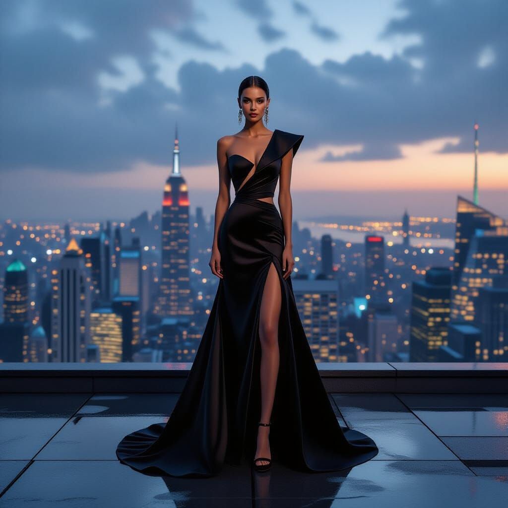 Fashion Model on Rainy Rooftop Overlooking City at Dusk