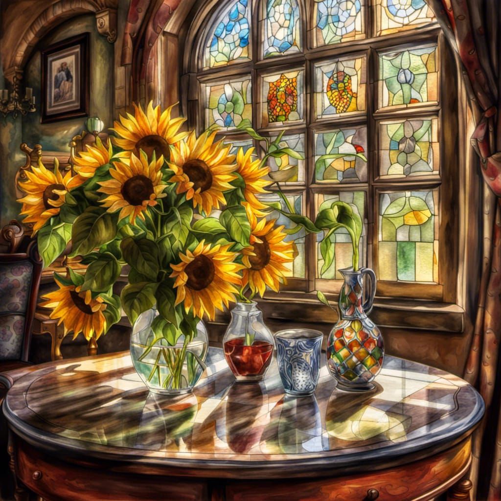 Victorian Living Room with Sunflowers, Watercolor Style