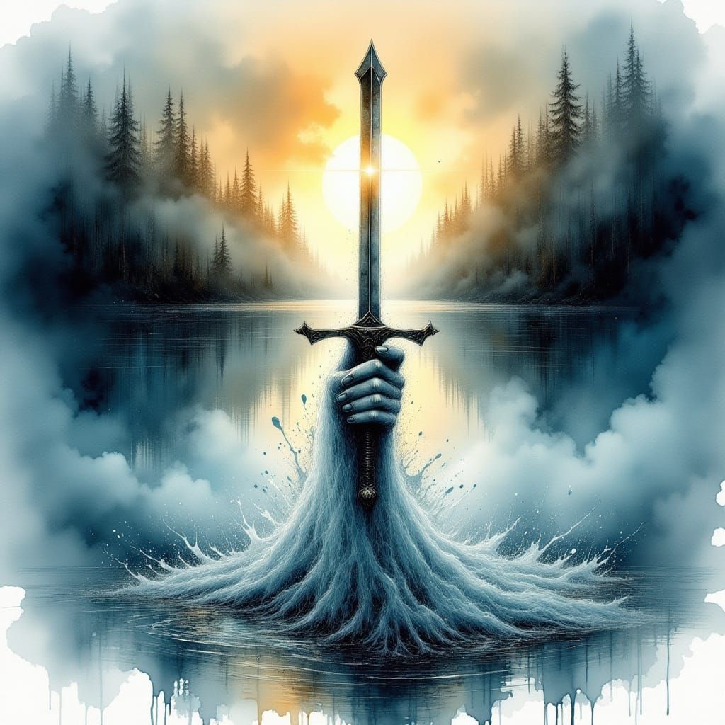 Ghostly Hand Rises With Excalibur from Glowing Lake
