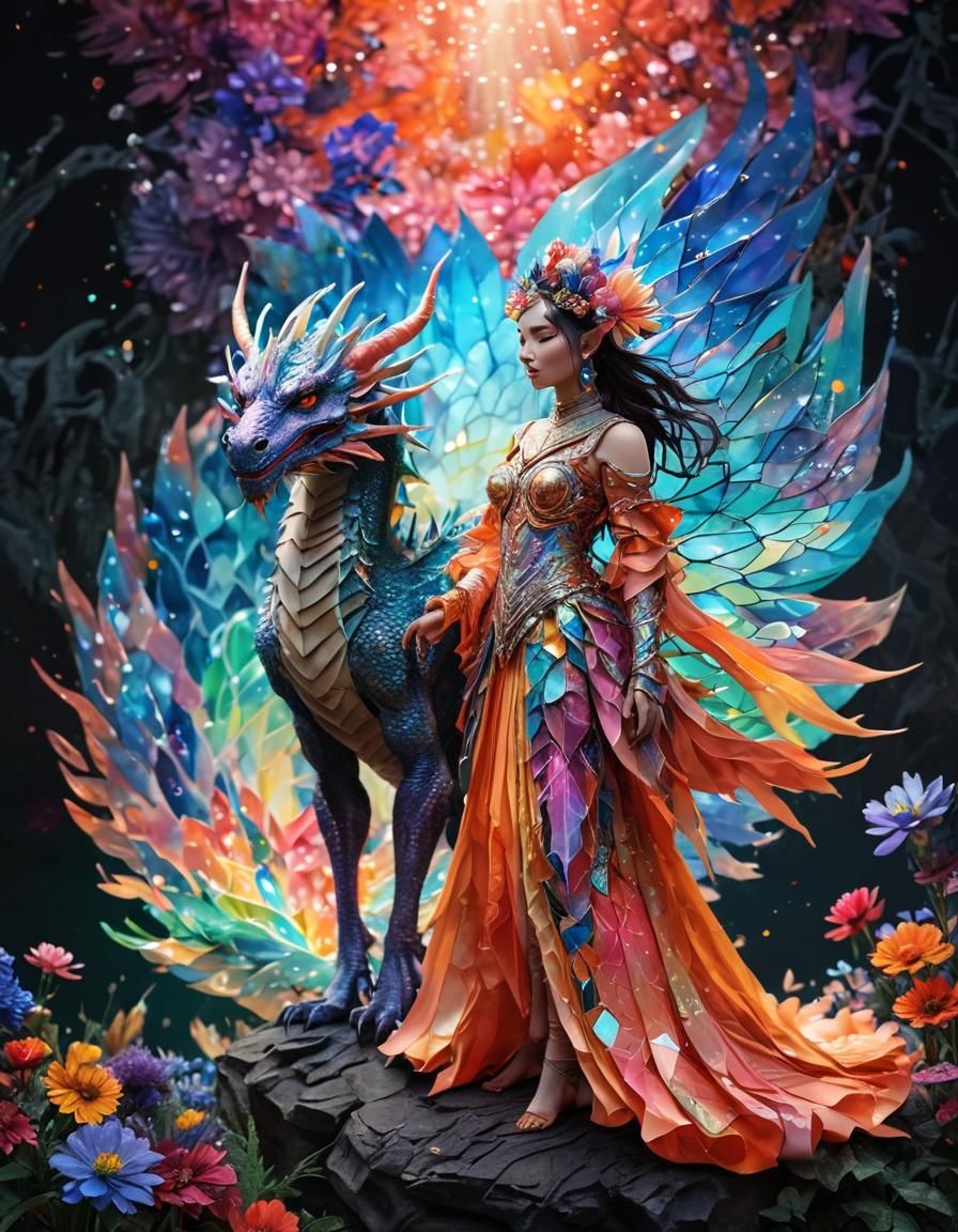 Iridescent Dragon Woman in Watercolor Style