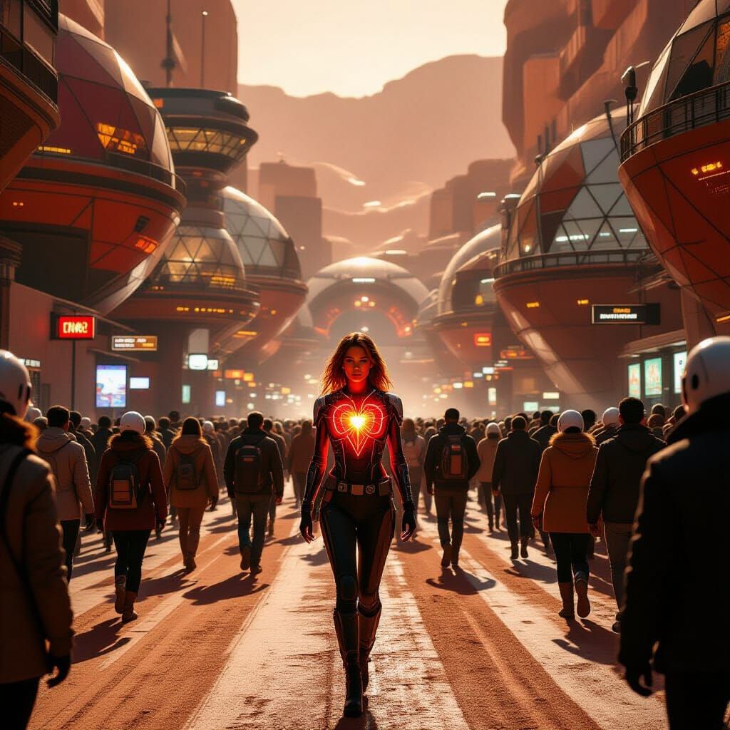 Futuristic Martian City Street With Glowing Heart Woman