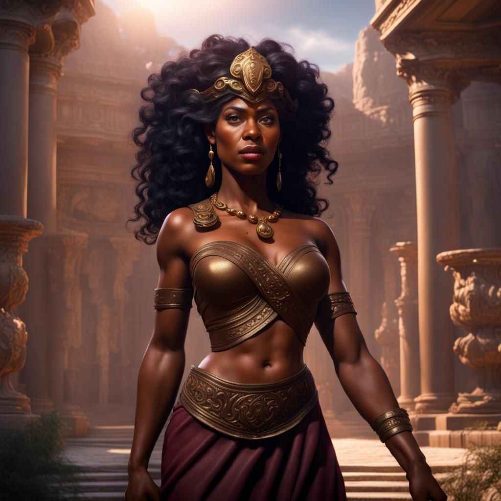 Hyperrealistic Megara as Black Woman: Matte Painting