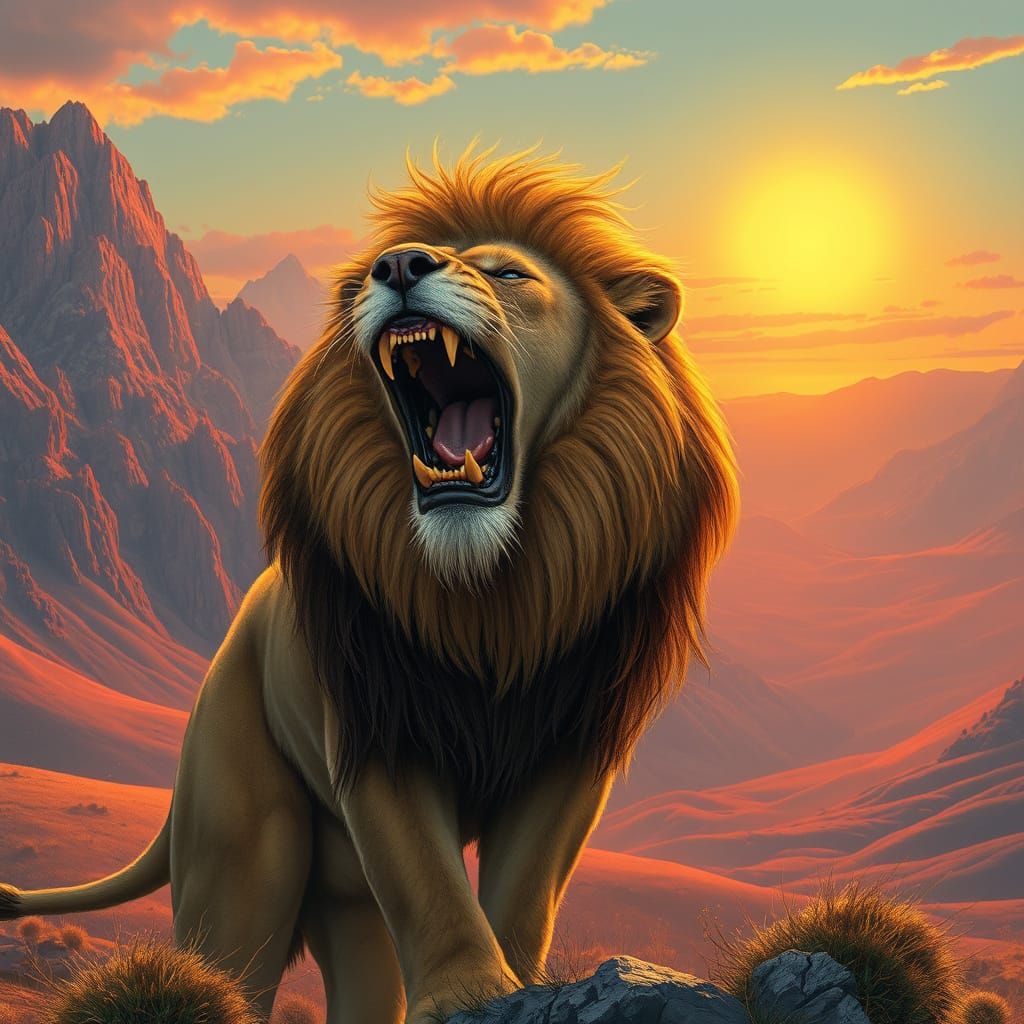 Majestic Lion Roaring at Sunset in Surreal Landscape