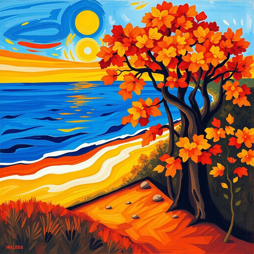 A vibrant and bold landscape inspired by Henri Matisse, depi...