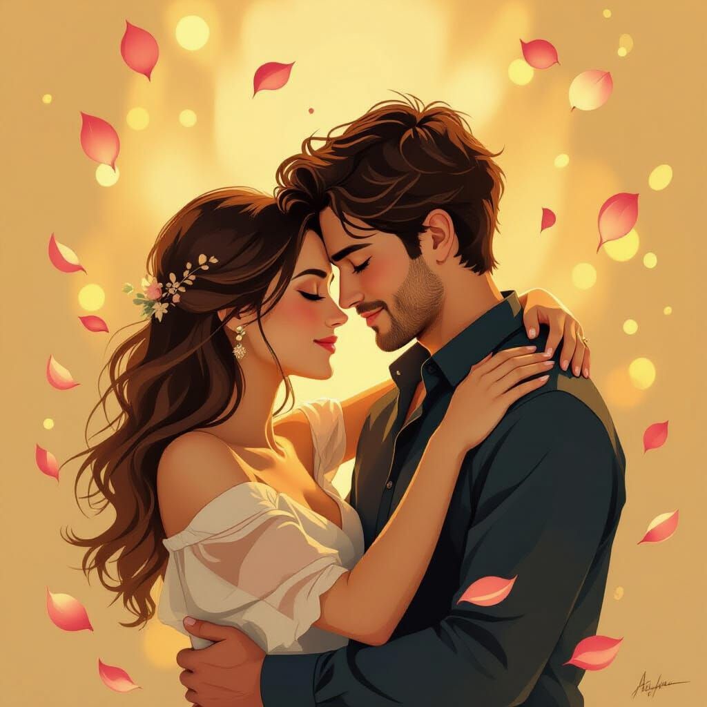 Romantic Couple in Golden Light, Art Nouveau Style