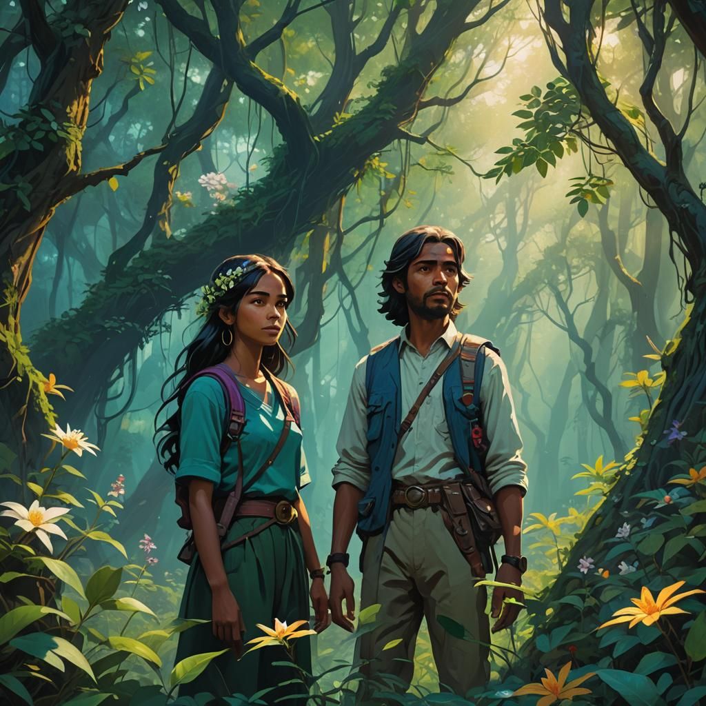 Jasmine and Raja in Mystical Forest, Atmospheric Oil Paintin...