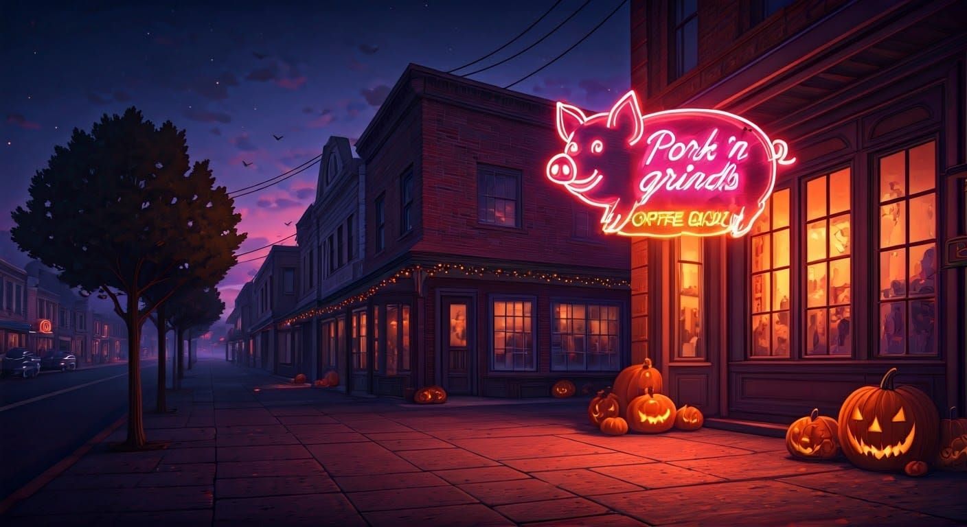 Neon Pig Sign on Halloween Street, Illustration