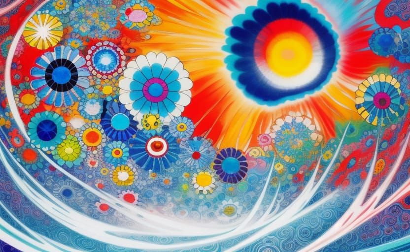 Blue Flower in Kaleidoscopic Murakami-Style Garden