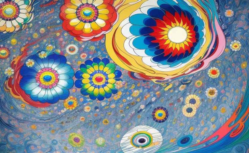 Blue Flower in Kaleidoscopic Garden, Murakami Style