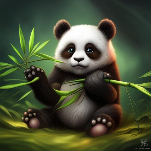 Cute Baby Panda Eating Bamboo in the Rain