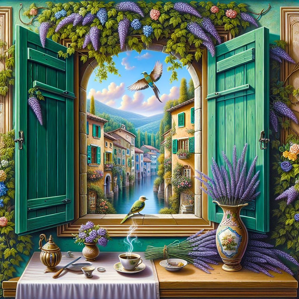 Charming Village View Through Open Window as Oil Painting