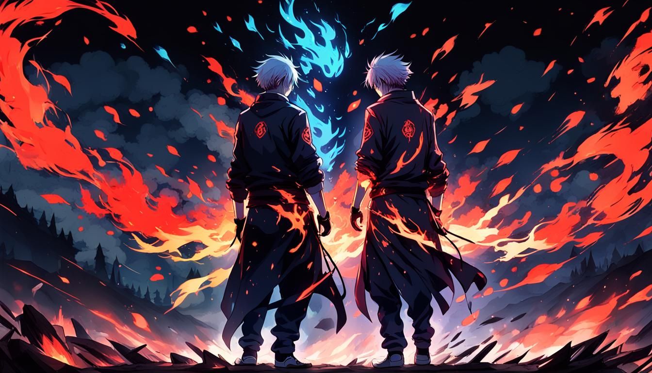 Anime Figures Surrounded by Neon Fire