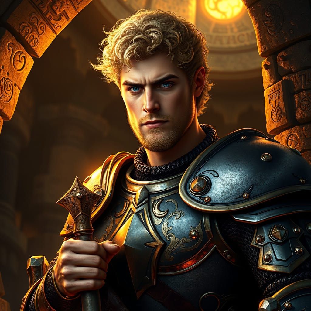 Champion Paladin Illuminated by Golden Fire in Dark Temple