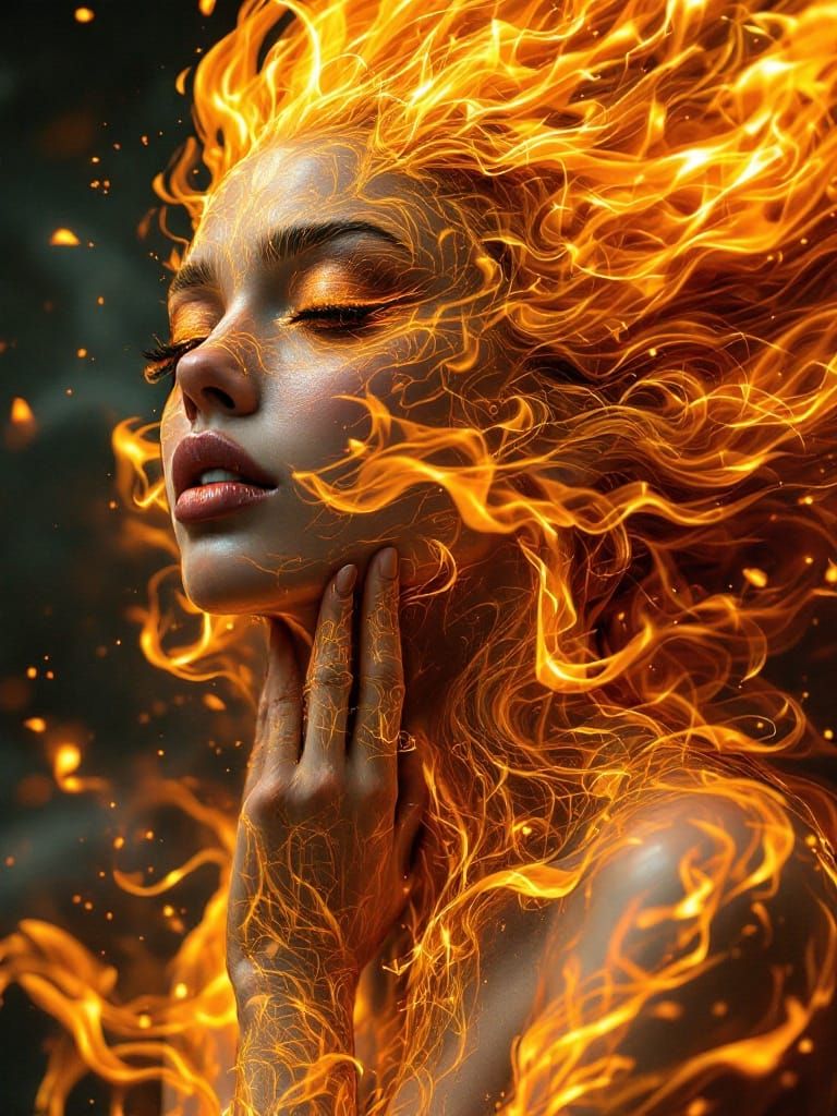Flaming Woman Portrait in Hyperrealistic Style