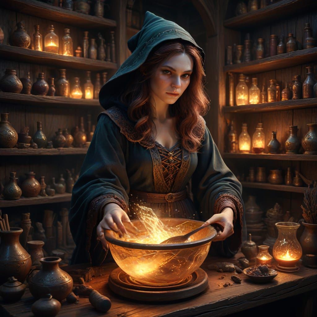 Mystical Witch Brews Love Potion in Enchanted Study