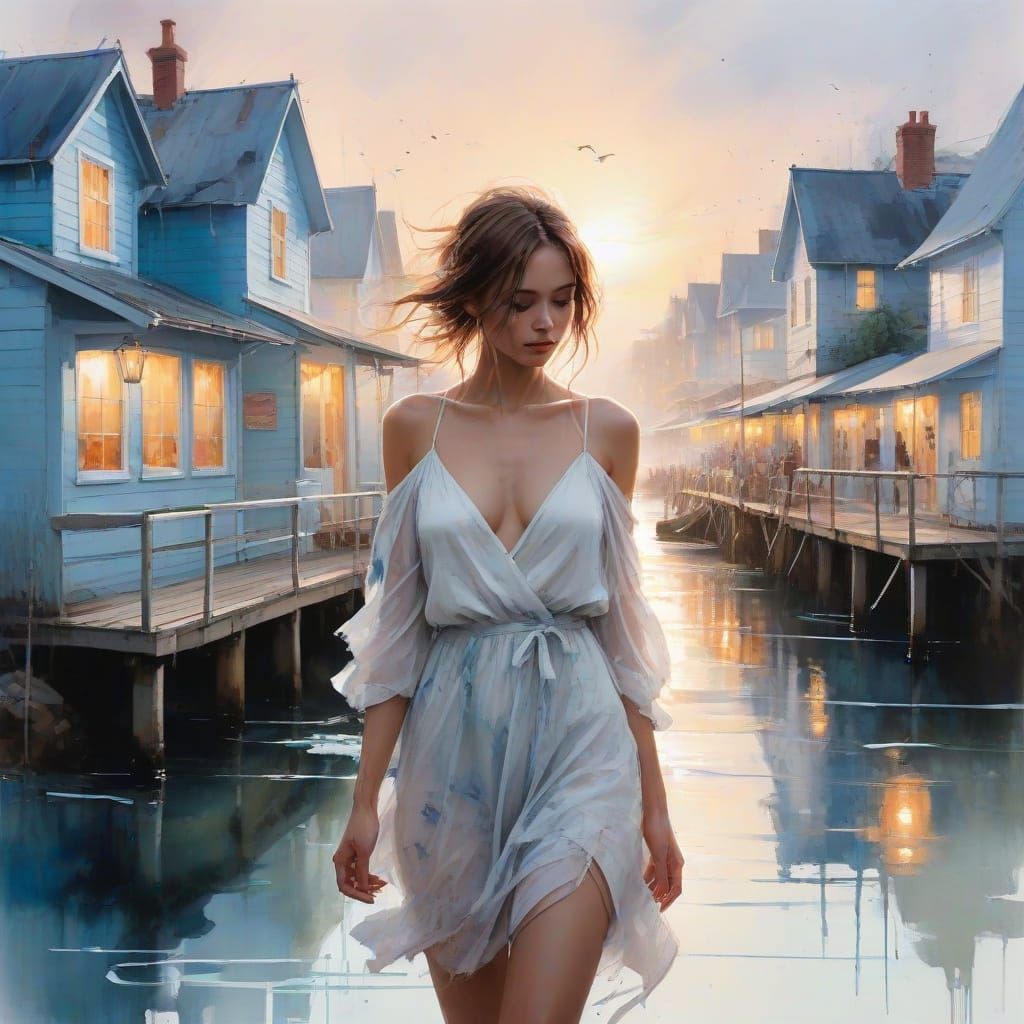 Radiant Summer Coastal Village Scene in Watercolor Style