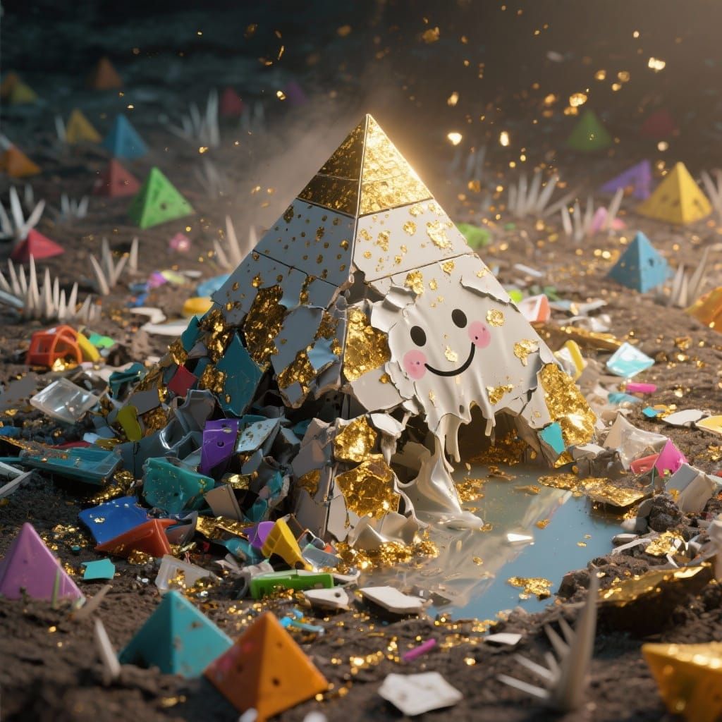 Destroyed Multi-Color Plastic Pyramid Melts in Spotlight